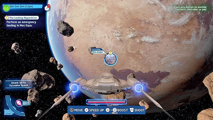 Znajdziecie się w przestrzeni kosmicznej i Waszym zadaniem będzie awaryjne wylądowanie na Mos Espa - LEGO Skywalker Saga: Wyścig Boonta Classic (The Boonta Eve Classic) - solucja, opis przejścia - LEGO Skywalker Saga - poradnik do gry