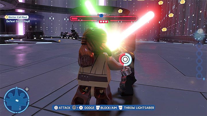 Może też dochodzić do walk w zwarciu i w tym przypadku istnieje szansa, że załączy się jedna z kilku możliwych scenek QTE - LEGO Skywalker Saga: Darth Maul - boss, jak pokonać? - LEGO Skywalker Saga - poradnik do gry