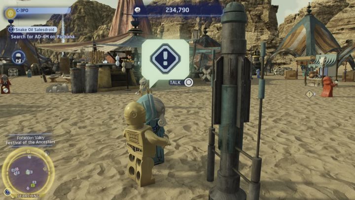Idźcie do obszaru poszukiwań i sterując droidem protokolarnym porozmawiajcie z uczestnikami festiwalu - LEGO Skywalker Saga: Droid detalista (Snake Oil Salesdroid) - solucja, opis przejścia - LEGO Skywalker Saga - poradnik do gry