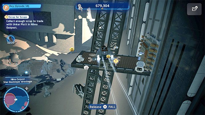 Lotnię aktywuje się przytrzymując przycisk skoku (X na padach PlayStation, A na padach Xbox) - LEGO Skywalker Saga: Jak działa Zbieracz (Scavenger, jak wybierać gadżety? - LEGO Skywalker Saga - poradnik do gry