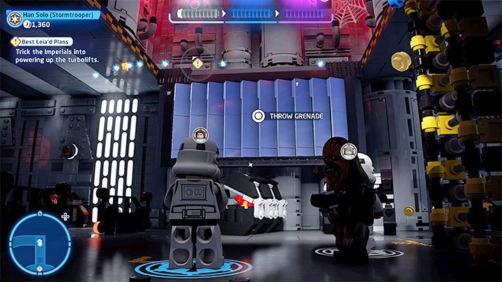 Drugi wariant zakłada użycie granatu na srebrnych obiektach sąsiadujących z polem siłowym (powyższy obrazek) - LEGO Skywalker Saga: Oca-lei-nie (Best Leiad Plans) - solucja, opis przejścia - LEGO Skywalker Saga - poradnik do gry