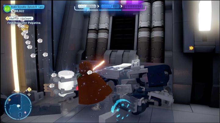 W trakcie tego etapu znajdziecie część chowającą się za niebieskimi obiektami - LEGO Skywalker Saga: Zemsta Sithów - lista znajdziek i nagrody - LEGO Skywalker Saga - poradnik do gry