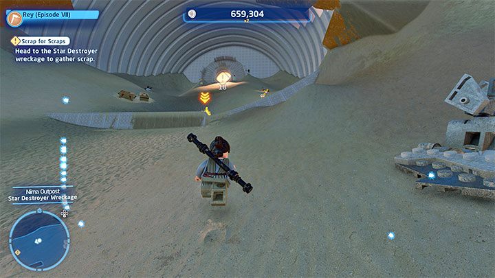 Otrzyma ona zadanie odnalezienia 20 sztuk złomu i musicie w tym celu wyruszyć w stronę wraku niszczyciela (Star Destroyer) - LEGO Skywalker Saga: Nisko latający złom (Low Flying Garbage) - solucja, opis przejścia - LEGO Skywalker Saga - poradnik do gry