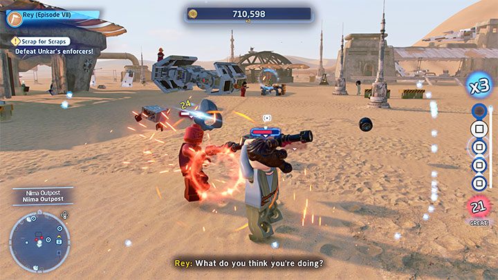 Po zebraniu 20 sztuk złomu opuśćcie wrak i wyruszcie w stronę sklepu Unkara Plutta zlokalizowanego na terenie posterunku Niima (Niima Outpost) - LEGO Skywalker Saga: Nisko latający złom (Low Flying Garbage) - solucja, opis przejścia - LEGO Skywalker Saga - poradnik do gry