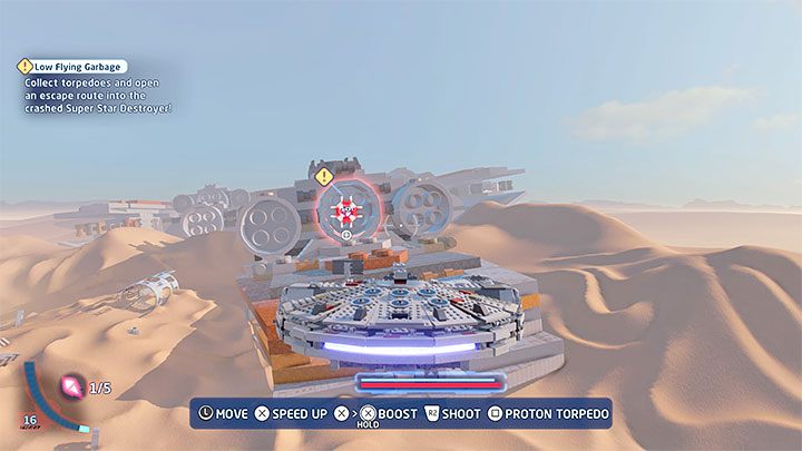 Po zestrzeleniu wszystkich myśliwców otrzymacie zadanie użycia torpedy na wraku niszczyciela - LEGO Skywalker Saga: Nisko latający złom (Low Flying Garbage) - solucja, opis przejścia - LEGO Skywalker Saga - poradnik do gry