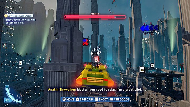 Poziom ten w całości jest kilkuminutowym pościgiem z udziałem latających maszyn, w którym Waszym dążeniem będzie doprowadzenie do zniszczenia maszyny zabójcy, którą pilotuje Zam Wesell - LEGO Skywalker Saga: Zamieszanie z Wesell (A Wrestle with Wesell) - solucja, opis przejścia - LEGO Skywalker Saga - poradnik do gry