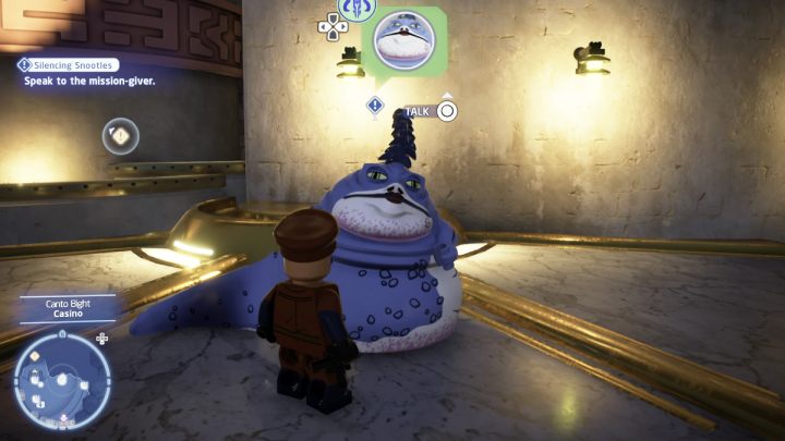 Sterując postacią Łowcy głów, porozmawiajcie ze zleceniodawcą przy kasynie na planecie Cantonica i przyjmijcie zadanie - LEGO Skywalker Saga: Uciszyć Snootles (Silencing Snootles) - solucja, opis przejścia - LEGO Skywalker Saga - poradnik do gry