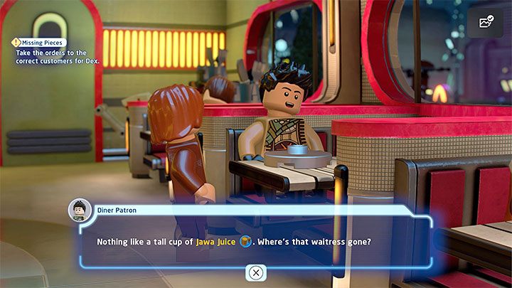 Otrzymacie proste zadanie zrealizowania zamówień klientów przebywających w jadłodajni - LEGO Skywalker Saga: Łowy na Jango (The Hunt for Jango) - solucja, opis przejścia - LEGO Skywalker Saga - poradnik do gry
