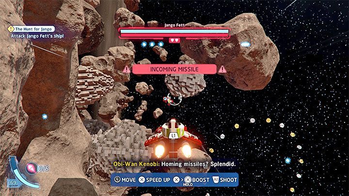 Podczas rozgrywania tego pojedynku musicie reagować na komunikaty o nadlatujących rakietach (przykładowy na obrazku) - LEGO Skywalker Saga: Łowy na Jango (The Hunt for Jango) - solucja, opis przejścia - LEGO Skywalker Saga - poradnik do gry