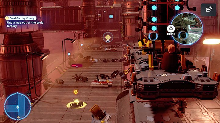 Kierujcie się w lewo i unikajcie zmiażdżenia przez pracujące maszyny - LEGO Skywalker Saga: Fanaberie w fabryce droidów (Droid Factory Frenzy) - solucja, opis przejścia - LEGO Skywalker Saga - poradnik do gry