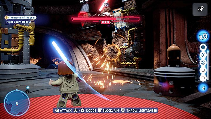Musicie reagować na silne ataki Dooku, które sygnalizowane są poprzez pojawianie się czerwonych linii i okręgów - LEGO Skywalker Saga: Hrabia Dooku (Count Dooku), epizod 2 - boss, jak pokonać? - LEGO Skywalker Saga - poradnik do gry