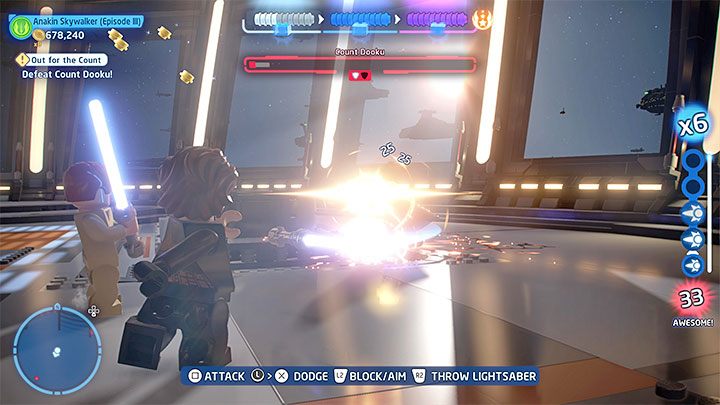Główna część pojedynku z hrabią Dooku (Count Dooku) wygląda podobnie do poprzedniego starcia z epizodu 2 - LEGO Skywalker Saga: Hrabia Dooku (Count Dooku), epizod 3 - boss, jak pokonać? - LEGO Skywalker Saga - poradnik do gry