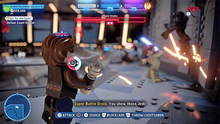 Boss dysponuje bardzo zbliżonym podstawowym rodzajem ataków - LEGO Skywalker Saga: Hrabia Dooku (Count Dooku), epizod 3 - boss, jak pokonać? - LEGO Skywalker Saga - poradnik do gry
