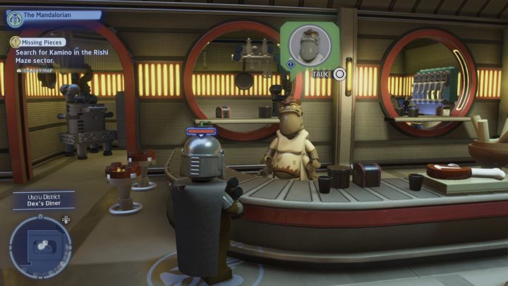 Aby rozpocząć zadanie należy porozmawiać z właścicielem knajpy, znajdującej się na najwyższym poziomie dzielnicy Uscru - LEGO Skywalker Saga: Kuchnia rabunkowa (Crime Dining) - solucja, opis przejścia - LEGO Skywalker Saga - poradnik do gry