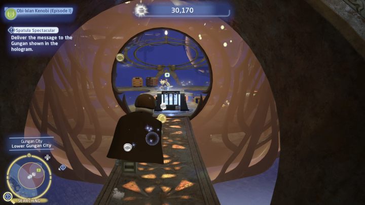 Poszukiwany przez Was gunganin znajduje się w małym pomieszczeniu na samym dole miasta, w północno wschodniej części - LEGO Skywalker Saga: Łopatkowe łajdactwa (Spatula Spectacular) - solucja, opis przejścia - LEGO Skywalker Saga - poradnik do gry