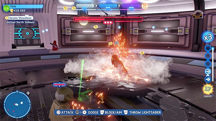 Darth Sidious po każdym obrotowym ataku będzie tymczasowo osłabiony - LEGO Skywalker Saga: Starcie w senacie (Senate Showdown) - solucja, opis przejścia - LEGO Skywalker Saga - poradnik do gry