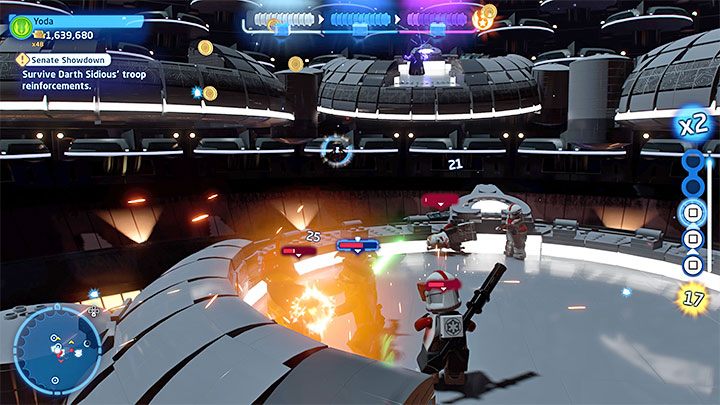 Możecie już przedostać się na półkę z Palpatinem i wznowić wyprowadzanie ataków mieczem świetlnym (połączonych z unikami) - LEGO Skywalker Saga: Starcie w senacie (Senate Showdown) - solucja, opis przejścia - LEGO Skywalker Saga - poradnik do gry