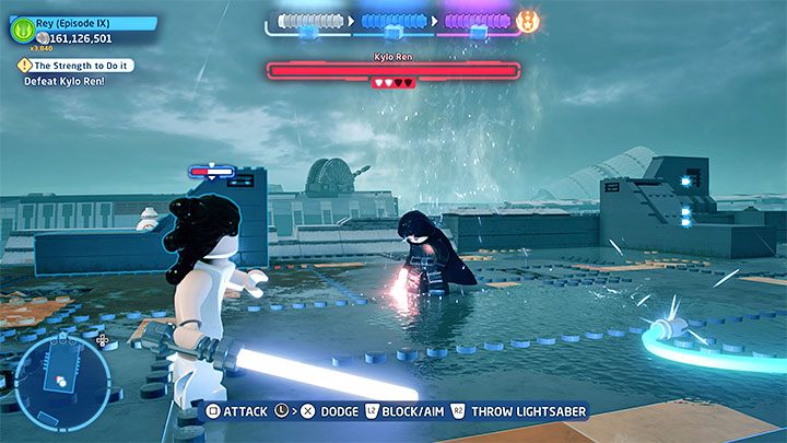 Począwszy od tego miejsca możecie oprócz polegania na atakach mieczem świetlnym korzystać także z alternatywnych metod osłabiania bossa - LEGO Skywalker Saga: Kylo Ren, epizod 9 - boss, jak pokonać? - LEGO Skywalker Saga - poradnik do gry