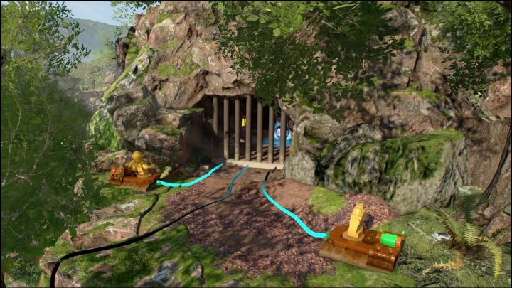 Ten klocek zamknięty jest w jaskini, z której wychodzą 3 kable - LEGO Star Wars The Skywalker Saga: Zamek Maz - lista wszystkich łamigłówek - LEGO Skywalker Saga - poradnik do gry