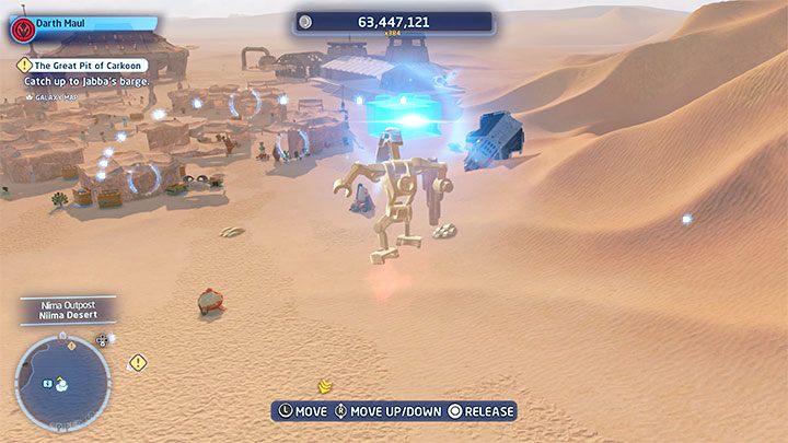 Sekret lewituje na dużej wysokości nad wydmami i gra zasugeruje skorzystanie z lotni - LEGO Skywalker Saga: Osada Niima (Niima Outpost) - lista wszystkich łamigłówek - LEGO Skywalker Saga - poradnik do gry