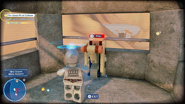 Wybierzcie C-3PO i wejdźcie w interakcję ze złotym terminalem z obrazka 1 - LEGO Skywalker Saga: Osada Niima (Niima Outpost) - lista wszystkich łamigłówek - LEGO Skywalker Saga - poradnik do gry