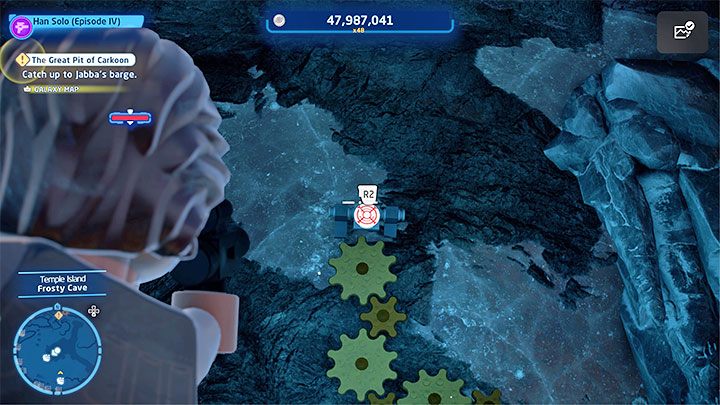 Po prawidłowym umieszczeniu 3 trybików musicie dokończyć zagadkę trafiając z blastera w małą tarczę nad trybikami (powyższy obrazek) - LEGO Skywalker Saga: Wyspa ze świątynią (Temple Island) - lista wszystkich łamigłówek - LEGO Skywalker Saga - poradnik do gry