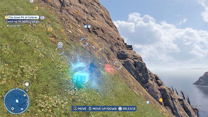 Gra sugeruje, że do rozwiązania łamigłówki potrzebne jest rozpoczęcie zjazdu po znalezieniu się nad znajdźką - LEGO Skywalker Saga: Wyspa ze świątynią (Temple Island) - lista wszystkich łamigłówek - LEGO Skywalker Saga - poradnik do gry