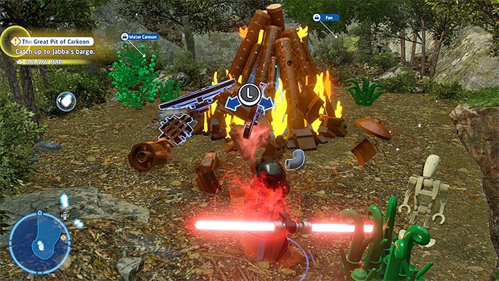 Musicie na północ od znacznika znajdźki zlokalizować pokazaną na obrazku 1 ścianę - możecie rozciąć ją i zburzyć po wybraniu dowolnej postaci z mieczem świetlnym - LEGO Skywalker Saga: Baza ruchu oporu (Resistance Base) - lista wszystkich łamigłówek - LEGO Skywalker Saga - poradnik do gry