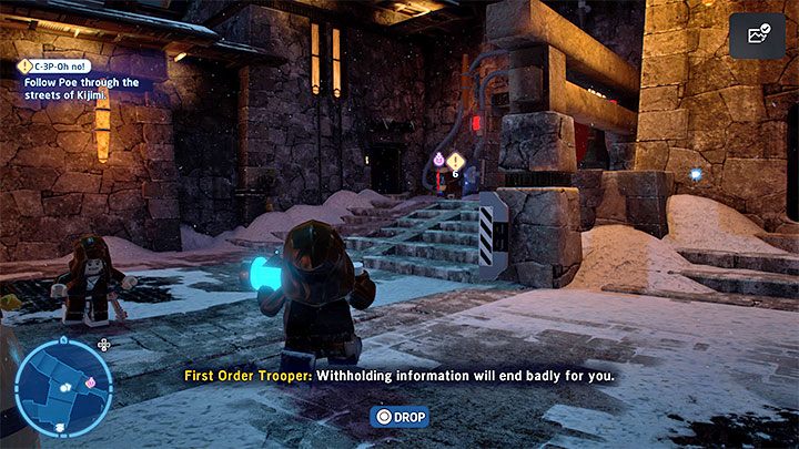 Dotrzyjcie do wykrzyknika na mini-mapie, a znajdziecie pokazane na obrazku 1 źródło energii - LEGO Skywalker Saga: C-3PO-nie (C-3P-Oh no) - solucja, opis przejścia - LEGO Skywalker Saga - poradnik do gry