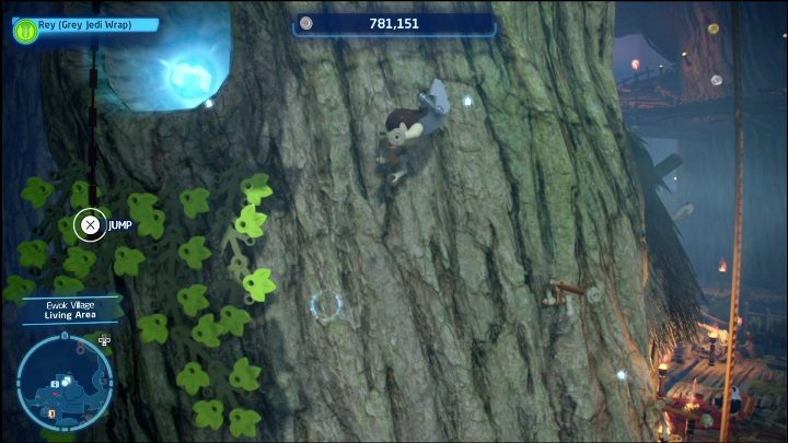 Pierwsze co musicie zrobić to włożenie drążka w dziurę na ścianie, inaczej postać nie doskoczy do klocka - LEGO Skywalker Saga: Wioska Ewoków - lista wszystkich łamigłówek - LEGO Skywalker Saga - poradnik do gry