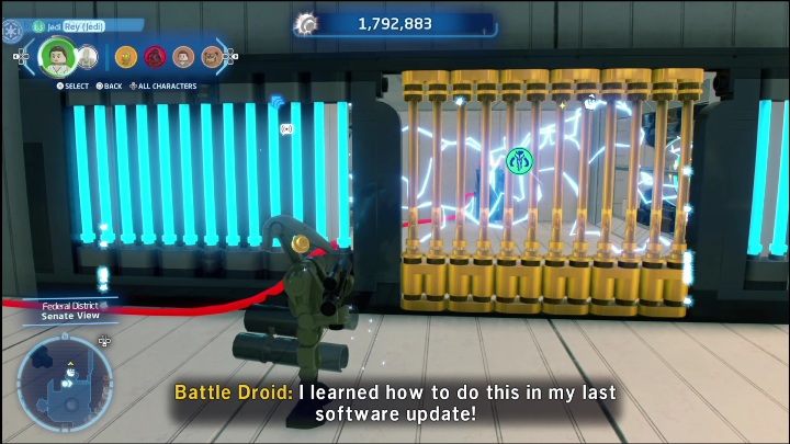 Od razu zobaczycie złote kraty, które może zniszczyć jedynie postać z klasy Łowców Nagród - LEGO Skywalker Saga: Dzielnica federalna - lista wszystkich łamigłówek - LEGO Skywalker Saga - poradnik do gry