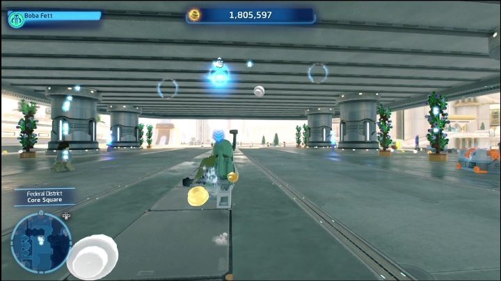 Ten klocek wisi zaraz pod sufitem, aby się do niego dostać musicie ułożyć dwie skrzynie (korzystając z pomocy postaci z mocą Jedi) - LEGO Skywalker Saga: Dzielnica federalna - lista wszystkich łamigłówek - LEGO Skywalker Saga - poradnik do gry