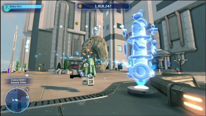 Ten klocek wisi nad sporą skałą służącą jako rzeźba na środku dzielnicy federalnej - LEGO Skywalker Saga: Dzielnica federalna - lista wszystkich łamigłówek - LEGO Skywalker Saga - poradnik do gry