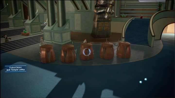 Tę znajdźkę dostaniecie za trzykrotnie poprawne wskazanie klocka, schowanego pod osłonami - LEGO Skywalker Saga: Dzielnica federalna - lista wszystkich łamigłówek - LEGO Skywalker Saga - poradnik do gry