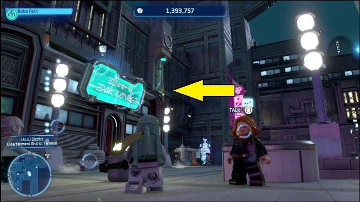 Klocek Kyber leży na zewnętrznej części ściany budynku - LEGO Skywalker Saga: Dzielnica Uscru - lista wszystkich łamigłówek - LEGO Skywalker Saga - poradnik do gry