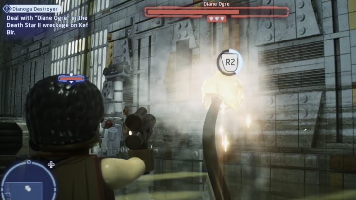 Aby rozbić złoty kask, należy zmienić postać na Łowcę głów i strzelać do niej, aż zapełnicie okrąg nad jej okiem - LEGO Skywalker Saga: Draka z dianogami (Dianoga Destroyer) - solucja, opis przejścia - LEGO Skywalker Saga - poradnik do gry