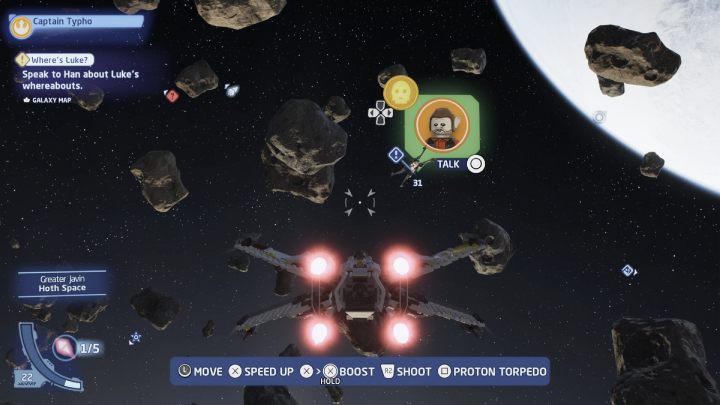 Udajcie się w przestrzeń lokalną planety Hoth i sterując postacią droida protokolarnego porozmawiajcie z pilotem statku - LEGO Skywalker Saga: Działalność dobroczyn(ie)na (A Run for Nunb) - solucja, opis przejścia - LEGO Skywalker Saga - poradnik do gry