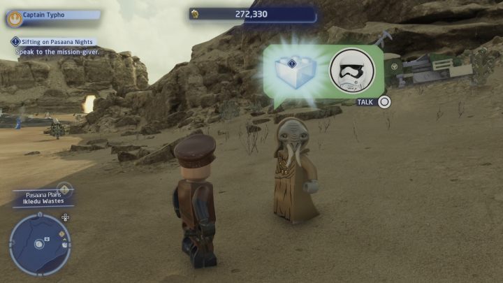 Przyjmijcie zadanie od zleceniodawcy na Równinach Pasaany (Pasaana Plains), na które dostaniecie się taksówką z lokacji Zakazana Dolina (Forbidden Valley) - LEGO Skywalker Saga: Zadośćuczynne zbieranie zasobów (Sifting on Pasaana Nights) - solucja, opis przejścia - LEGO Skywalker Saga - poradnik do gry
