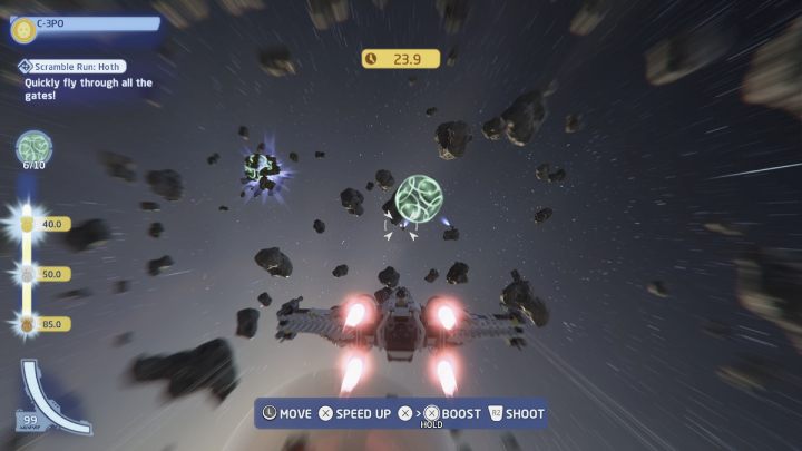 Próba polega na przeleceniu przez 10 bram w jak najkrótszym czasie - LEGO Skywalker Saga: Hoth - próby, solucja, opis przejścia - LEGO Skywalker Saga - poradnik do gry