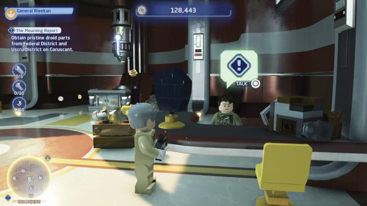 Udajcie się za wyznacznikiem na obszar poszukiwań i wejdźcie do pierwszego pomieszczenia po lewej stronie - LEGO Skywalker Saga: Radiowa odbudowa (The Mourning Report) - solucja, opis przejścia - LEGO Skywalker Saga - poradnik do gry
