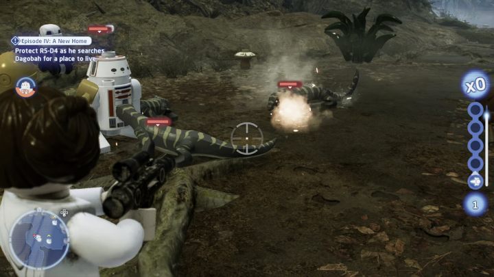 Idąc za droidem przełączajcie się na postać z bronią laserową, aby szybko chronić go przed atakami dzikich zwierząt - LEGO Skywalker Saga: Część IV Nowa kwatera (Episode IV A New Home) - solucja, opis przejścia - LEGO Skywalker Saga - poradnik do gry