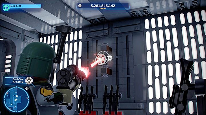 Zagadka jest prosta - w pomieszczeniu z zamkniętym pojemnikiem są 4 tarcze - LEGO Skywalker Saga: Gwiazda Śmierci I (Death Star I) - odblokowanie i lista wszystkich łamigłówek - LEGO Skywalker Saga - poradnik do gry