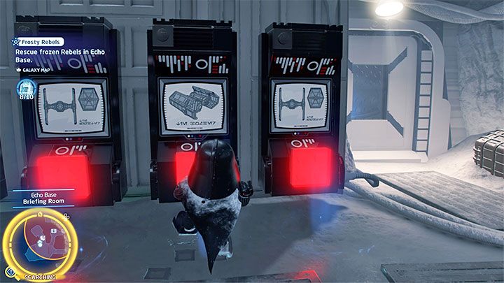 Projektor zacznie wyświetlać schematy i musicie zapamiętać ich kolejność - dwunożny mech, myśliwiec, AT-AT, prostokątny statek - LEGO Skywalker Saga: Mroźna rebelia (Frosty Rebels) - opis przejścia wyzwania - LEGO Skywalker Saga - poradnik do gry