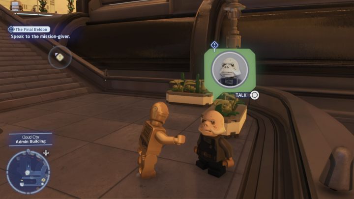 Sterując postacią droida protokolarnego, porozmawiajcie ze zleceniodawcą stojącym przy schodach w Mieście w Chmurach - LEGO Skywalker Saga: Banicja beldonów (The Final Beldon) - solucja, opis przejścia - LEGO Skywalker Saga - poradnik do gry