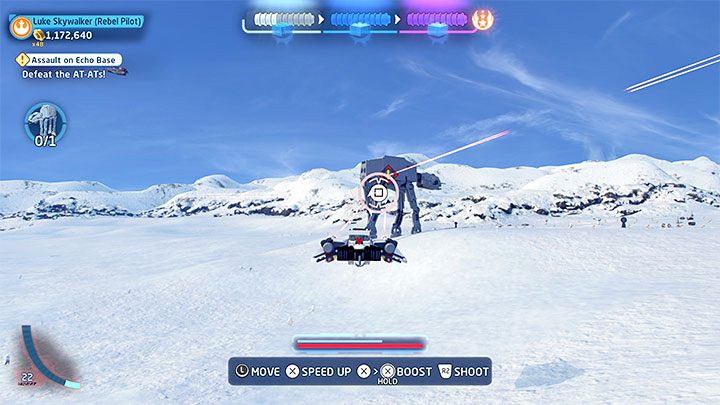 W drugiej części misji Waszym zadaniem stanie się powalenie na ziemię maszyn AT-AT - najpierw jednej i następnie trzech kolejnych - LEGO Skywalker Saga: Szturm na bazę Echo (Assault on Echo Base) - solucja, opis przejścia - LEGO Skywalker Saga - poradnik do gry