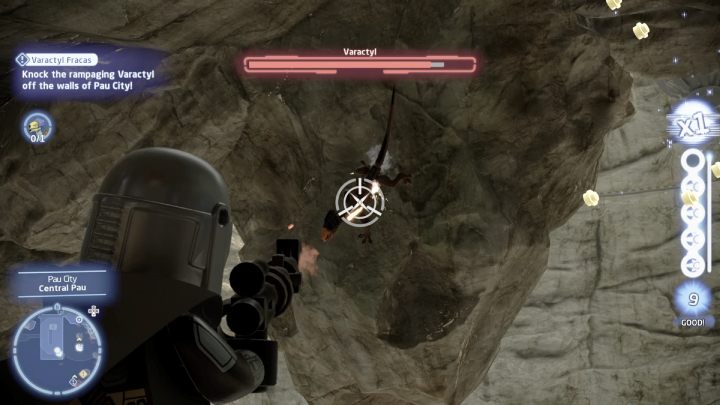 Strzelajcie do zwierzęcia, aż wyzerujecie jego pasek zdrowia - LEGO Skywalker Saga: Awantura o varaktyla (Varactyl Fracas) - solucja, opis przejścia - LEGO Skywalker Saga - poradnik do gry