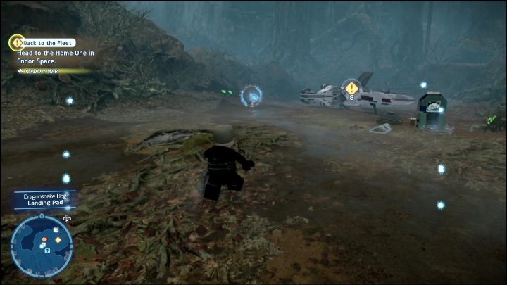 Ten klocek Kyber leży tak po prostu na mapie, po lewej stronie statku - LEGO Skywalker Saga: Bagno smokowęża - lista wszystkich łamigłówek - LEGO Skywalker Saga - poradnik do gry