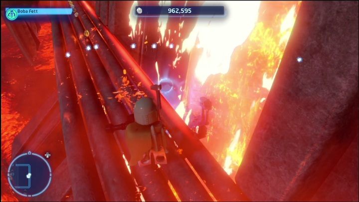 Ten klocek leży na metalowej platformie, zaraz obok wodospadu stworzonego z lawy - LEGO Skywalker Saga: Kompleks kopalniany - lista wszystkich łamigłówek - LEGO Skywalker Saga - poradnik do gry