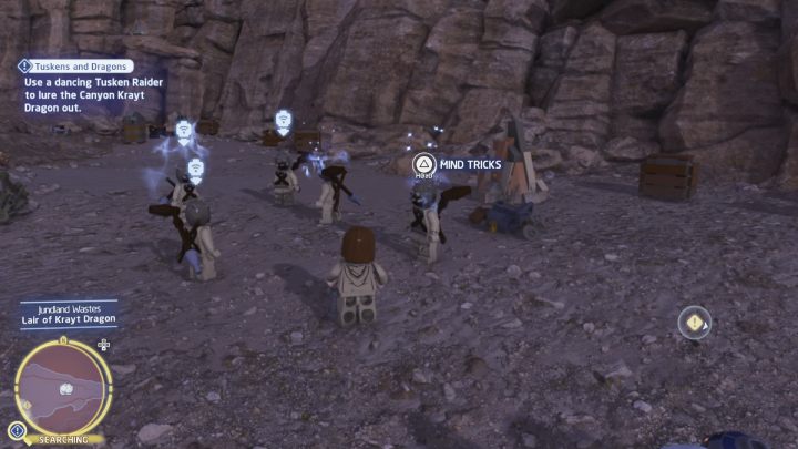 Sterując postacią Jedi podejdźcie do Tuskenów stojących przy kanionie i użyjcie na jednym z nich Mocy Jedi - LEGO Skywalker Saga: Tuskeni i smoki (Tuskens and Dragons) - solucja, opis przejścia - LEGO Skywalker Saga - poradnik do gry