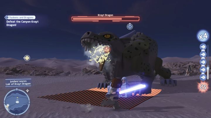 Na koniec pokonajcie smoka, uważając aby nie znaleźć się w zasięgu jego ataków - LEGO Skywalker Saga: Tuskeni i smoki (Tuskens and Dragons) - solucja, opis przejścia - LEGO Skywalker Saga - poradnik do gry
